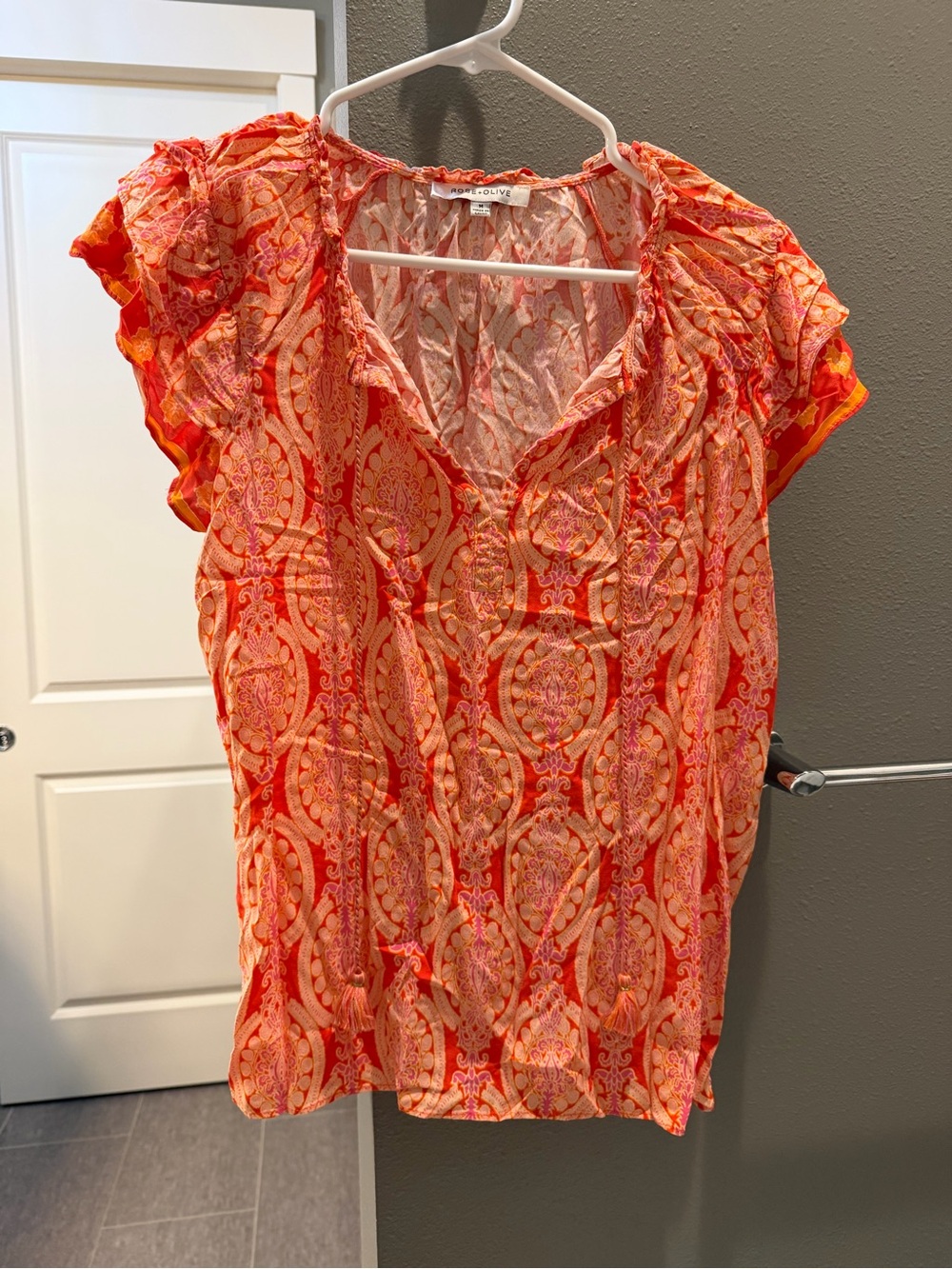 Rose & Olive Orange Paisley V-Neck Flutter Sleeve Top